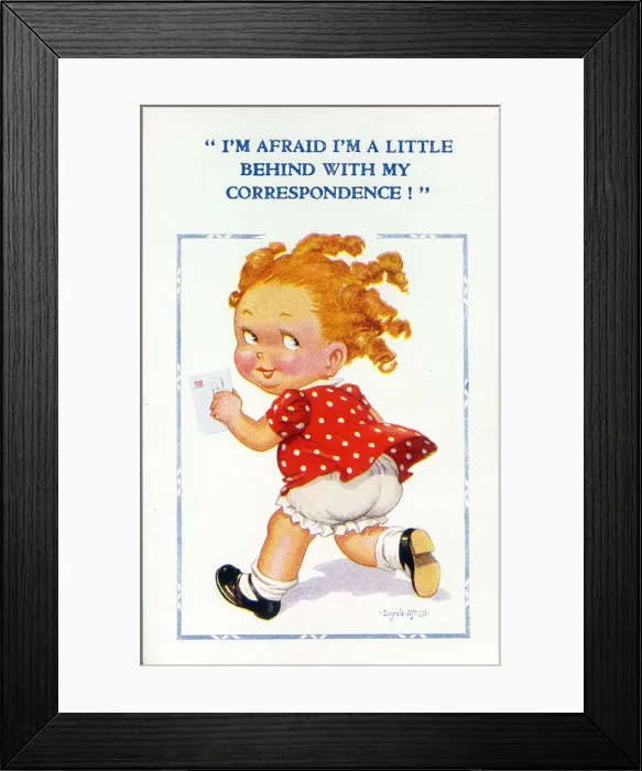 Framed Print : Comic postcard, Little girl running to post a letter Date: 20th century Framed Print : Comic postcard, Little girl running to post a letter Date: 20th century