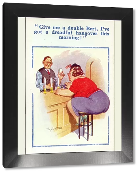 Comic postcard, Woman with hangover in a pub Date: 20th century