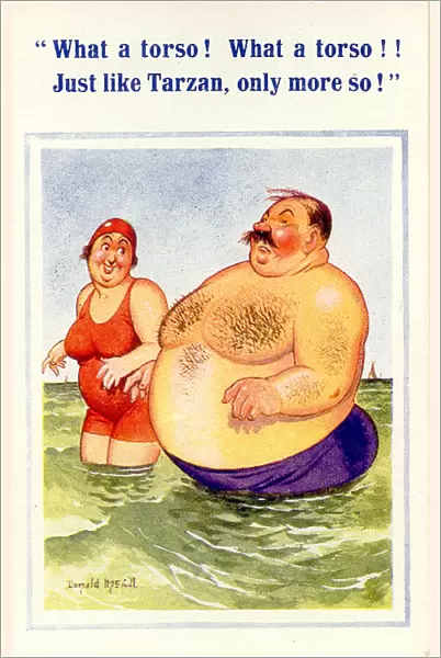 Comic postcard, Enormous man with woman in the sea Date: 20th century
