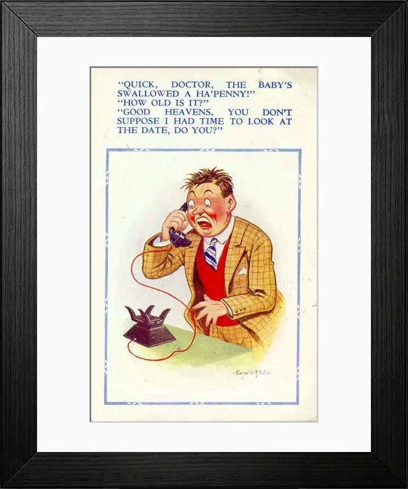 Framed Print : Comic postcard, Man on the phone to the doctor Framed Print : Comic postcard, Man on the phone to the doctor