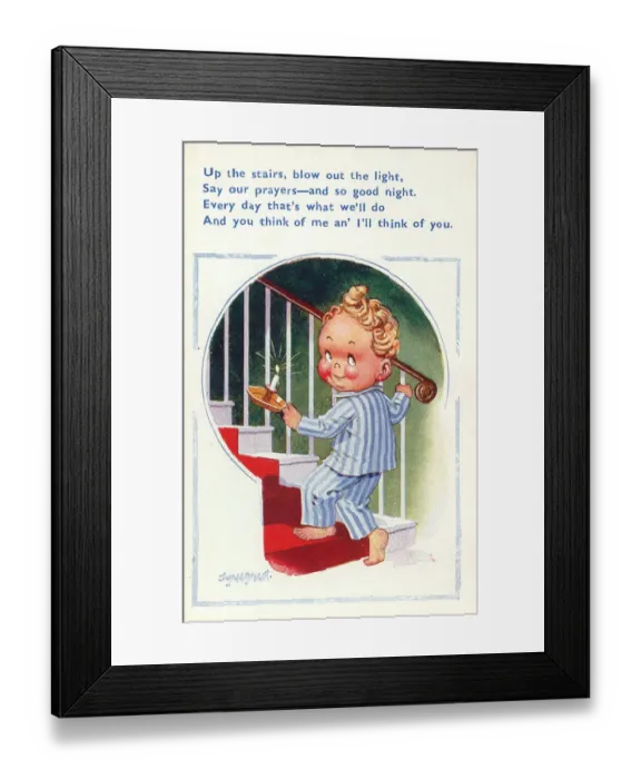 Framed Print : Comic postcard, Little boy going upstairs to bed Date: 20th century Framed Print : Comic postcard, Little boy going upstairs to bed Date: 20th century