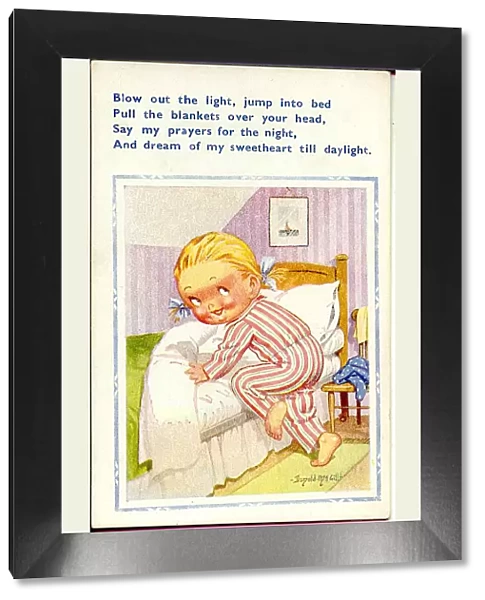 Comic postcard, Little girl getting into bed Date: 20th century