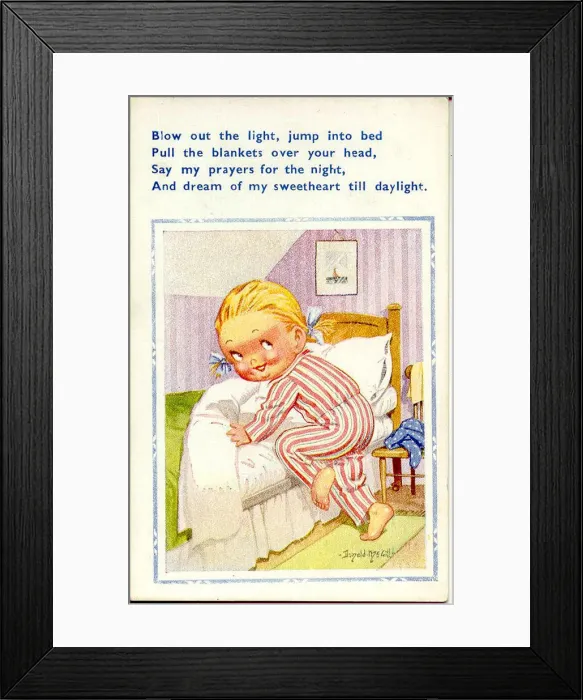 Framed Print : Comic postcard, Little girl getting into bed Date: 20th century Framed Print : Comic postcard, Little girl getting into bed Date: 20th century