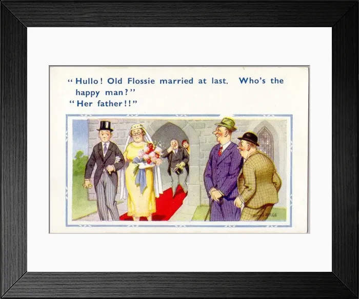 Framed Print : Comic postcard, Bride and groom leaving church Framed Print : Comic postcard, Bride and groom leaving church