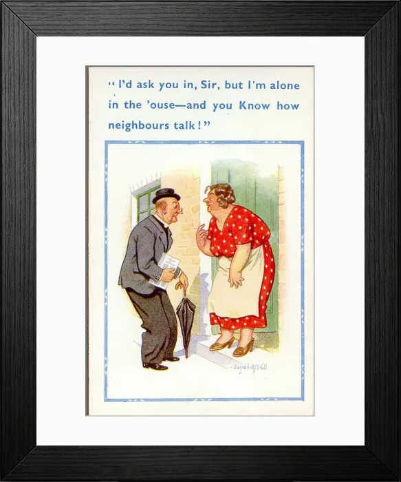 Framed Print : Comic postcard, Vicar calls at womans house Date: 20th century Framed Print : Comic postcard, Vicar calls at womans house Date: 20th century