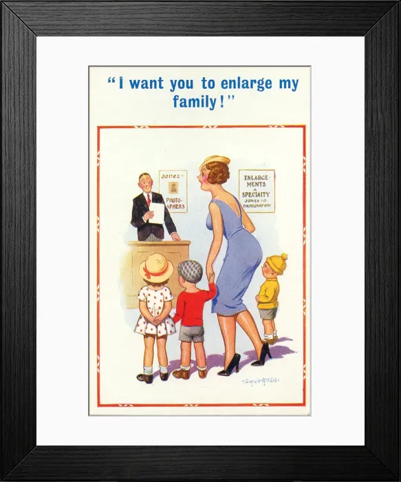 Framed Print : Comic postcard, Woman and three children at photographers Date: 20th century Framed Print : Comic postcard, Woman and three children at photographers Date: 20th century
