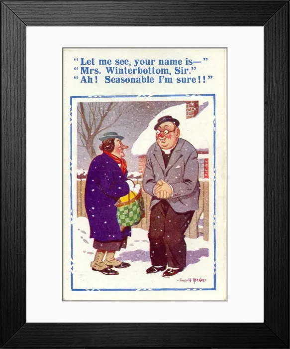 Framed Print : Comic postcard, Vicar and woman chatting in the street Date: 20th century Framed Print : Comic postcard, Vicar and woman chatting in the street Date: 20th century