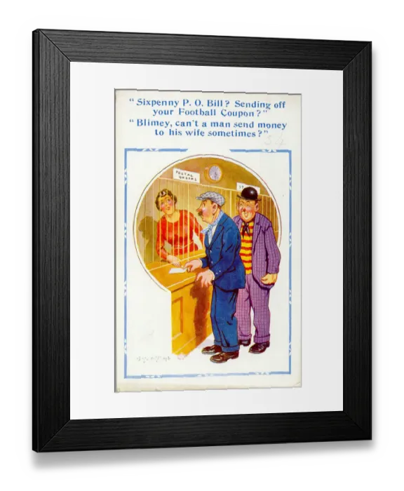 Framed Print : Comic postcard, Man buying sixpenny postal order in the Post Office Date Framed Print : Comic postcard, Man buying sixpenny postal order in the Post Office Date