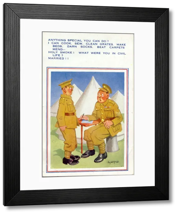 Framed Print : Comic postcard, Soldier in the British Army, WW2 - giving the sergeant a list of his Framed Print : Comic postcard, Soldier in the British Army, WW2 - giving the sergeant a list of his