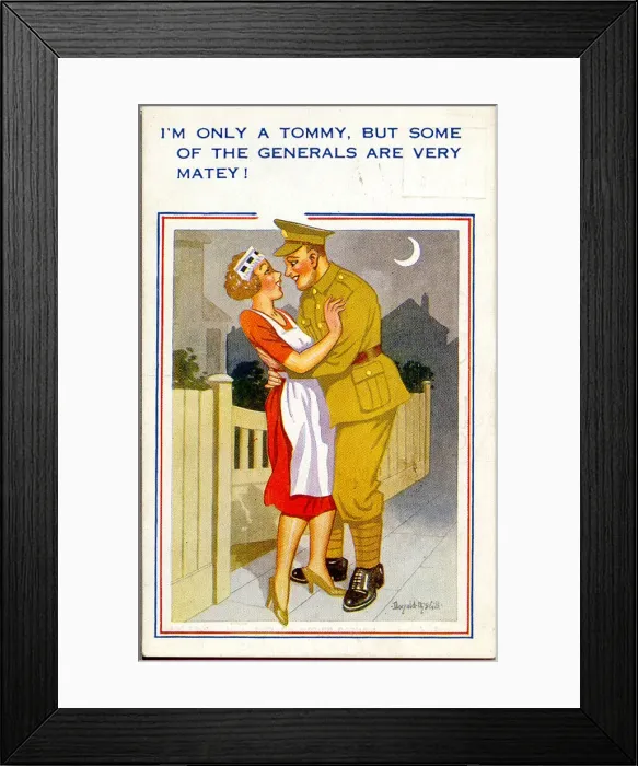 Framed Print : Comic postcard, Soldier with girlfriend, WW2 Date: circa 1940s Framed Print : Comic postcard, Soldier with girlfriend, WW2 Date: circa 1940s