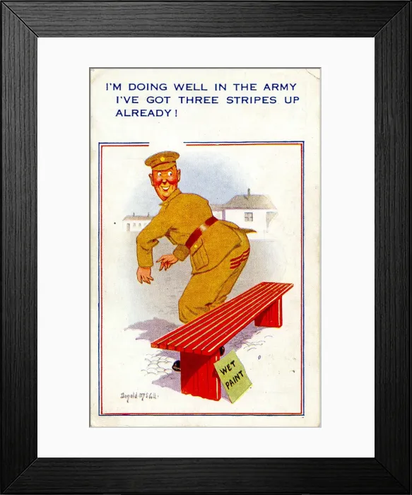 Framed Print : Comic postcard, Soldier in the British Army, WW2 - wet paint Date: circa 1940s Framed Print : Comic postcard, Soldier in the British Army, WW2 - wet paint Date: circa 1940s