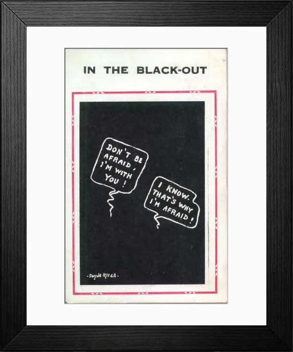 Framed Print : Comic postcard, Conversation in the blackout, WW2 Date: 1940s Framed Print : Comic postcard, Conversation in the blackout, WW2 Date: 1940s