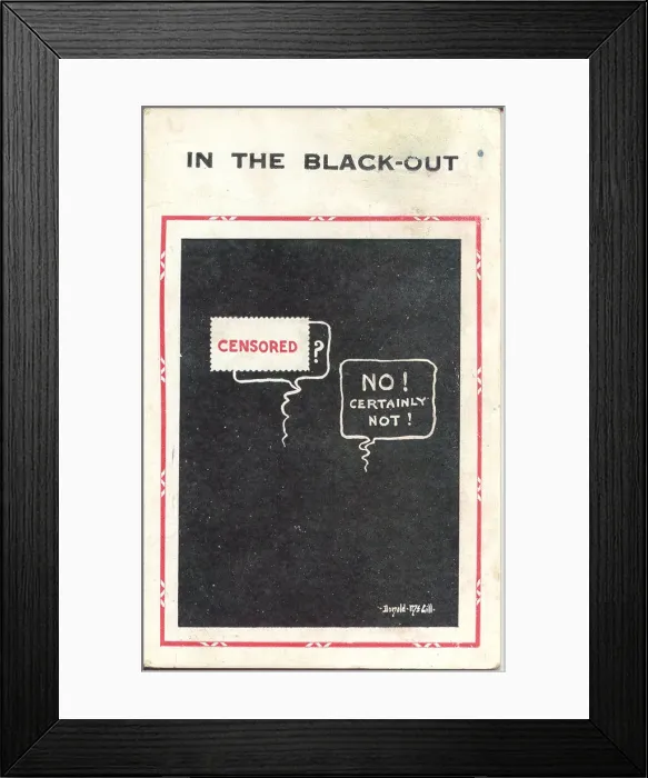 Framed Print : Comic postcard, Conversation in the blackout, WW2 Date: 1940s Framed Print : Comic postcard, Conversation in the blackout, WW2 Date: 1940s