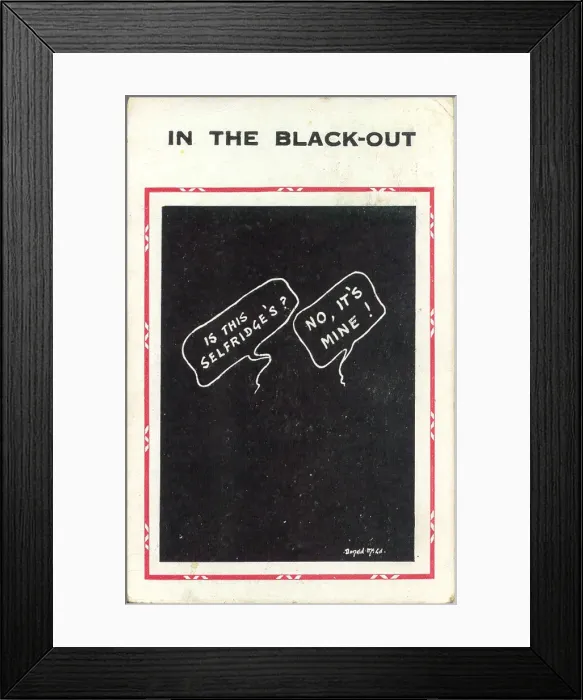 Framed Print : Comic postcard, Conversation in the blackout, WW2 Date: 1940s Framed Print : Comic postcard, Conversation in the blackout, WW2 Date: 1940s