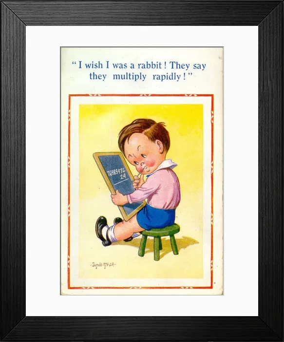 Framed Print : Comic postcard, Little boy doing multiplication Date: 20th century Framed Print : Comic postcard, Little boy doing multiplication Date: 20th century