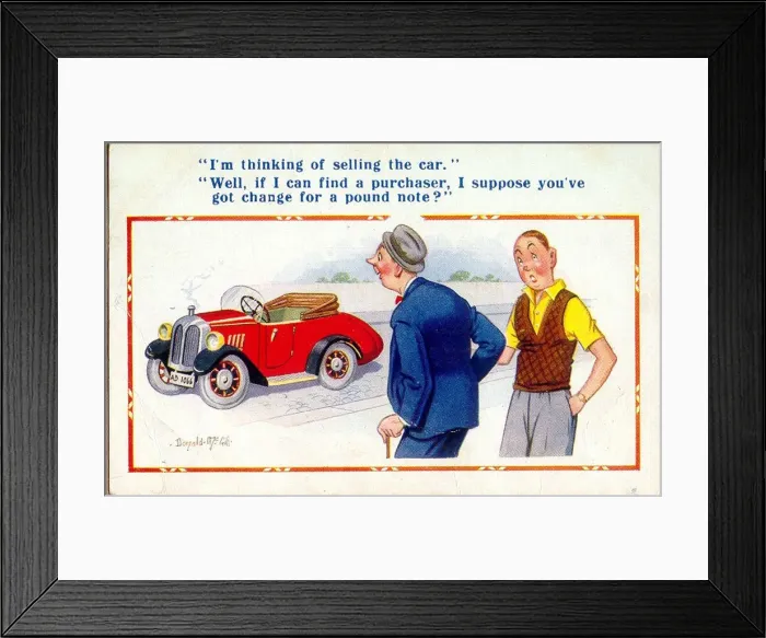 Framed Print : Comic postcard, Man selling his car Date: 20th century Framed Print : Comic postcard, Man selling his car Date: 20th century