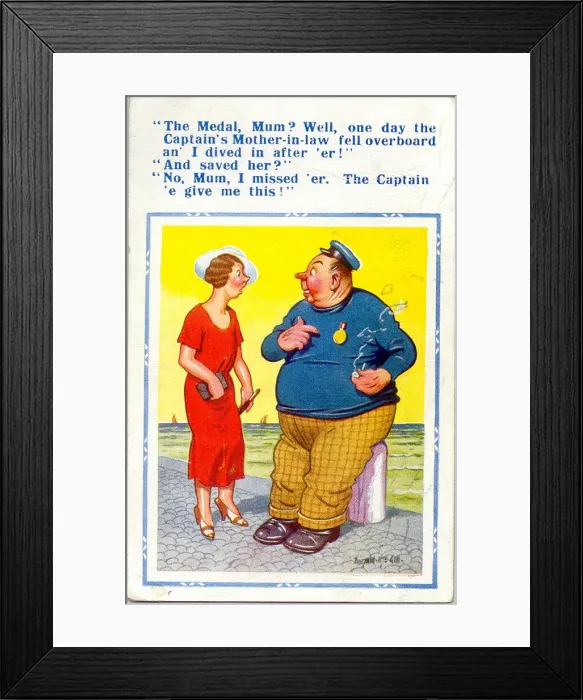 Framed Print : Comic postcard, Woman chats with sailor Date: 20th century Framed Print : Comic postcard, Woman chats with sailor Date: 20th century