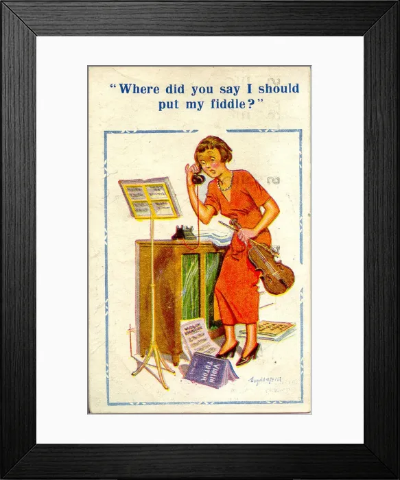Framed Print : Comic postcard, Woman with violin on the phone Date: 20th century Framed Print : Comic postcard, Woman with violin on the phone Date: 20th century