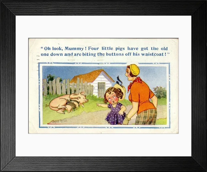 Framed Print : Comic postcard, Little girl, woman and pigs Date: 20th century Framed Print : Comic postcard, Little girl, woman and pigs Date: 20th century