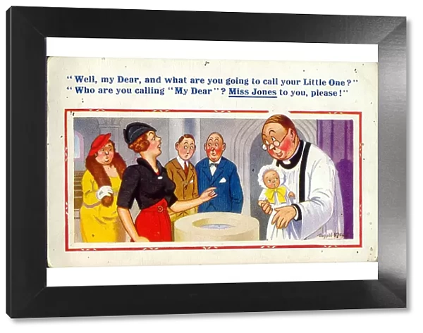Comic postcard, Woman, baby and vicar at baptism Date: 20th century