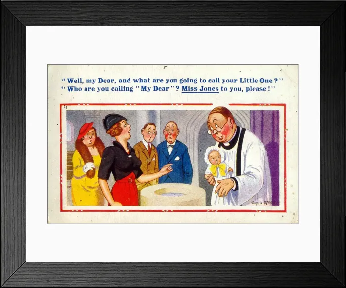 Framed Print : Comic postcard, Woman, baby and vicar at baptism Date: 20th century Framed Print : Comic postcard, Woman, baby and vicar at baptism Date: 20th century
