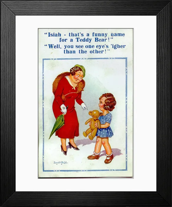 Framed Print : Comic postcard, Little girl with teddy bear Date: 20th century Framed Print : Comic postcard, Little girl with teddy bear Date: 20th century