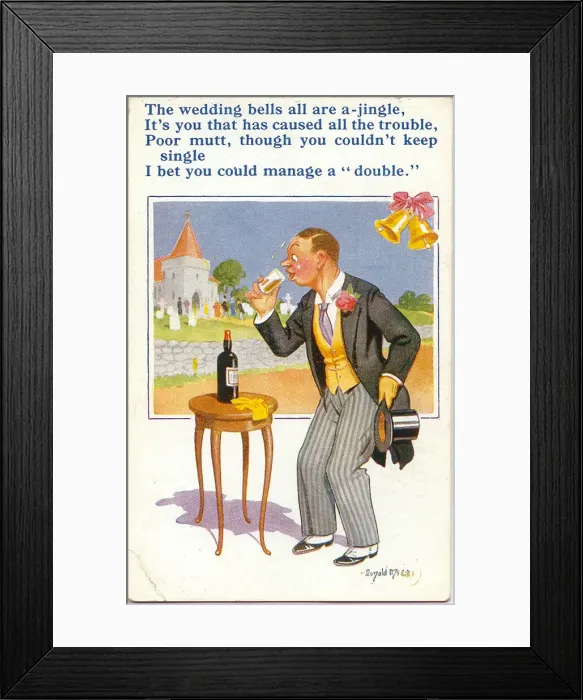 Framed Print : Comic postcard, Nervous bridegroom having a drink before the wedding Date Framed Print : Comic postcard, Nervous bridegroom having a drink before the wedding Date