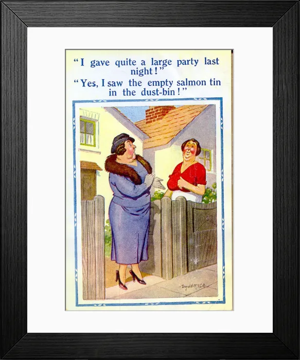 Framed Print : Comic postcard, Neighbours chatting at the gate Date: 20th century Framed Print : Comic postcard, Neighbours chatting at the gate Date: 20th century