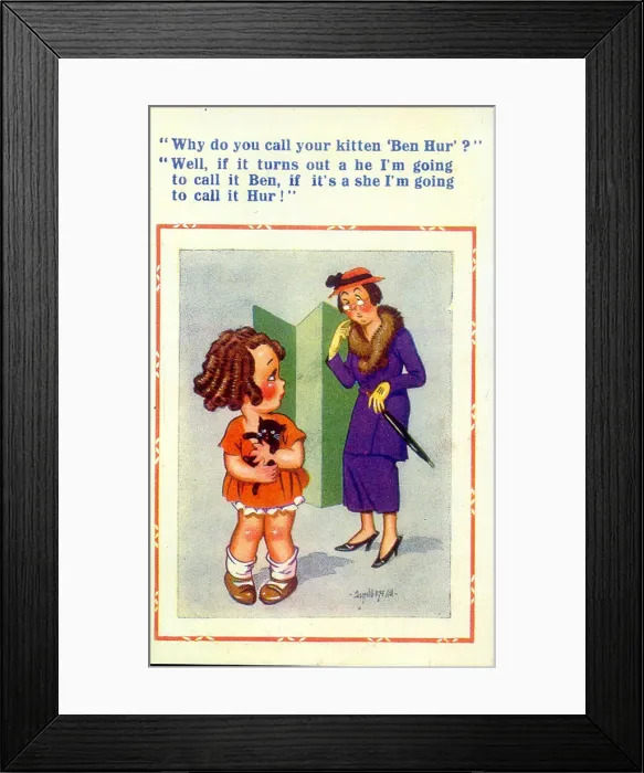 Framed Print : Comic postcard, Little girl with kitten - Ben Hur Date: 20th century Framed Print : Comic postcard, Little girl with kitten - Ben Hur Date: 20th century