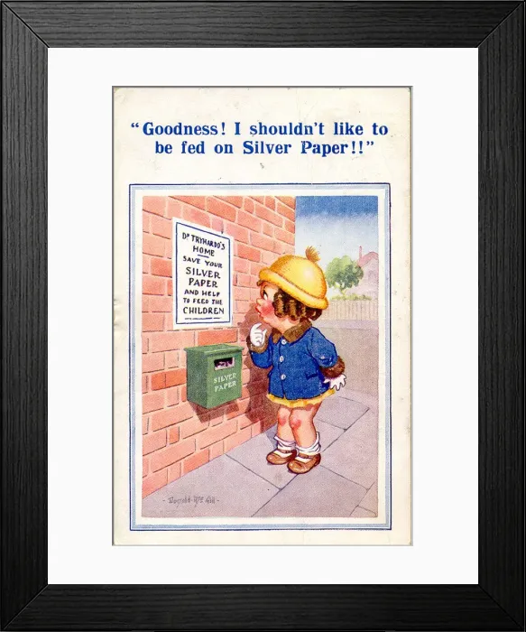 Framed Print : Comic postcard, Little girl reading notice Date: 20th century Framed Print : Comic postcard, Little girl reading notice Date: 20th century