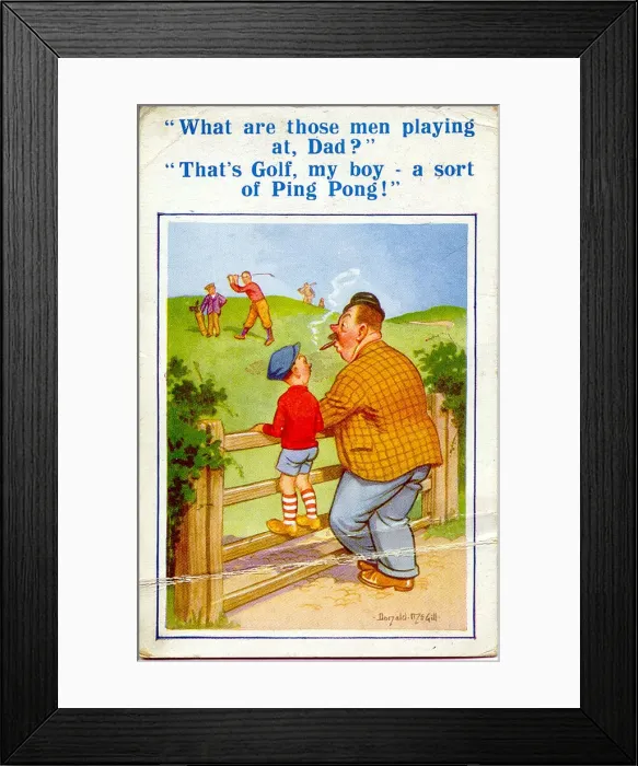 Framed Print : Comic postcard, Father and son watch golfers Date: 20th century Framed Print : Comic postcard, Father and son watch golfers Date: 20th century