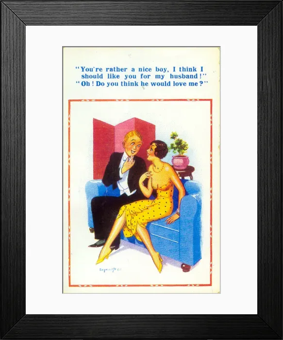 Framed Print : Comic postcard, Couple on a sofa Framed Print : Comic postcard, Couple on a sofa