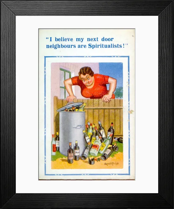 Framed Print : Comic postcard, Women looking over garden fence Date: 20th century Framed Print : Comic postcard, Women looking over garden fence Date: 20th century