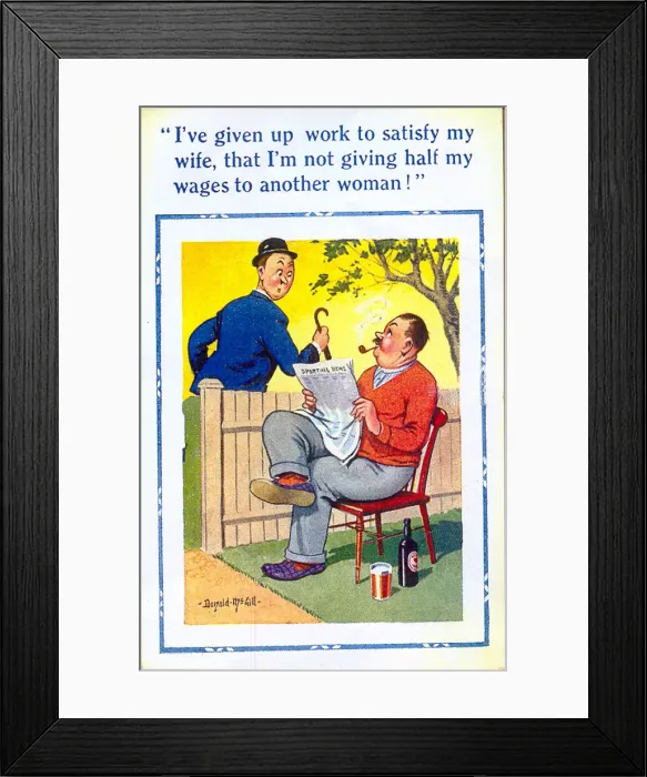 Framed Print : Comic postcard, Neighbours chat over garden fence Date: 20th century Framed Print : Comic postcard, Neighbours chat over garden fence Date: 20th century