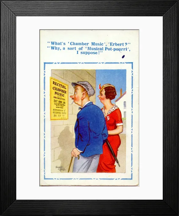 Framed Print : Comic postcard, Couple reading concert poster Date: 20th century Framed Print : Comic postcard, Couple reading concert poster Date: 20th century