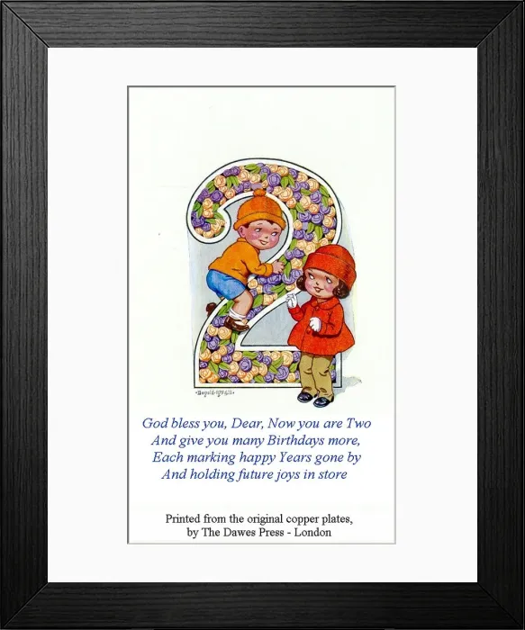 Framed Print : Birthday postcard, Little girl and boy, 2nd birthday Date: 20th century Framed Print : Birthday postcard, Little girl and boy, 2nd birthday Date: 20th century