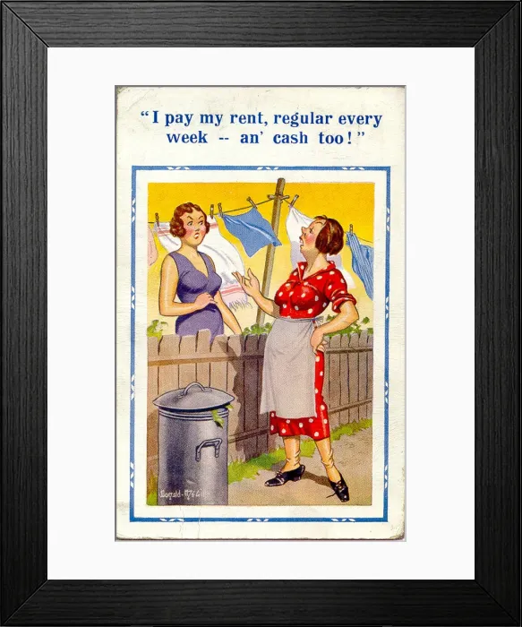 Framed Print : Comic postcard, Neighbours chat over garden fence Framed Print : Comic postcard, Neighbours chat over garden fence