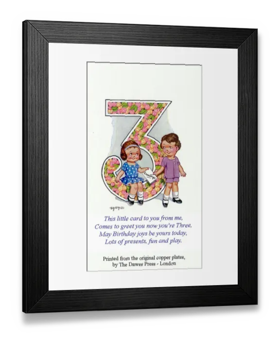 Framed Print : Birthday postcard, Little girl and boy, 3rd birthday Date: 20th century Framed Print : Birthday postcard, Little girl and boy, 3rd birthday Date: 20th century