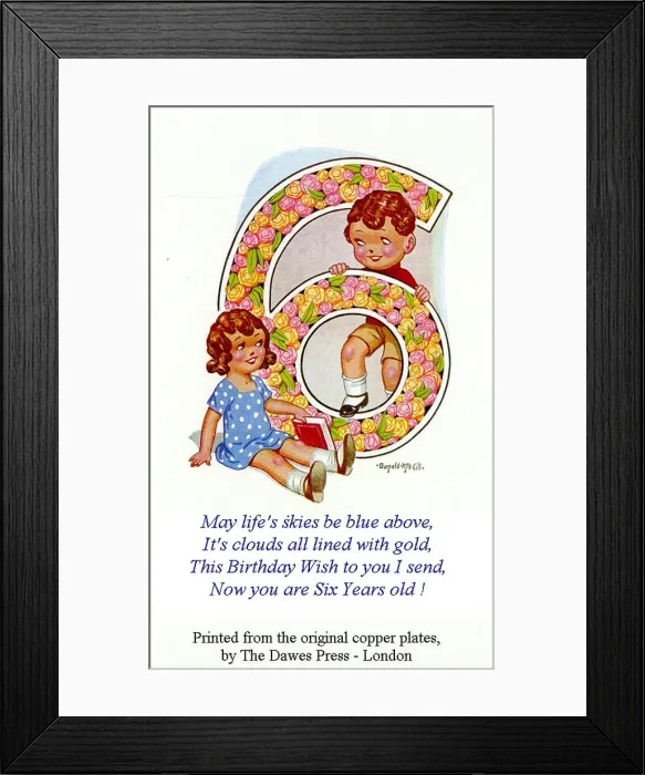 Framed Print : Birthday postcard, Little girl and boy, 6th birthday Date: 20th century Framed Print : Birthday postcard, Little girl and boy, 6th birthday Date: 20th century