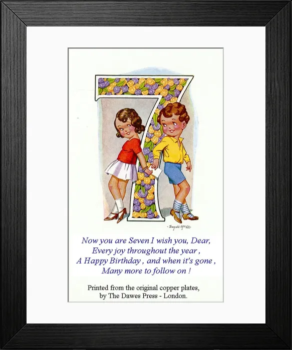 Framed Print : Birthday postcard, Little girl and boy, 7th birthday Date: 20th century Framed Print : Birthday postcard, Little girl and boy, 7th birthday Date: 20th century