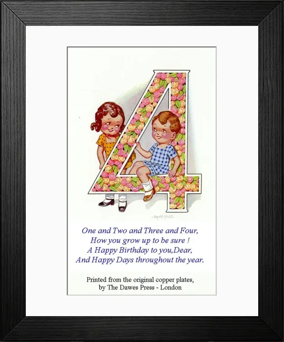 Framed Print : Birthday postcard, Little girl and boy, 4th birthday Date: 20th century Framed Print : Birthday postcard, Little girl and boy, 4th birthday Date: 20th century