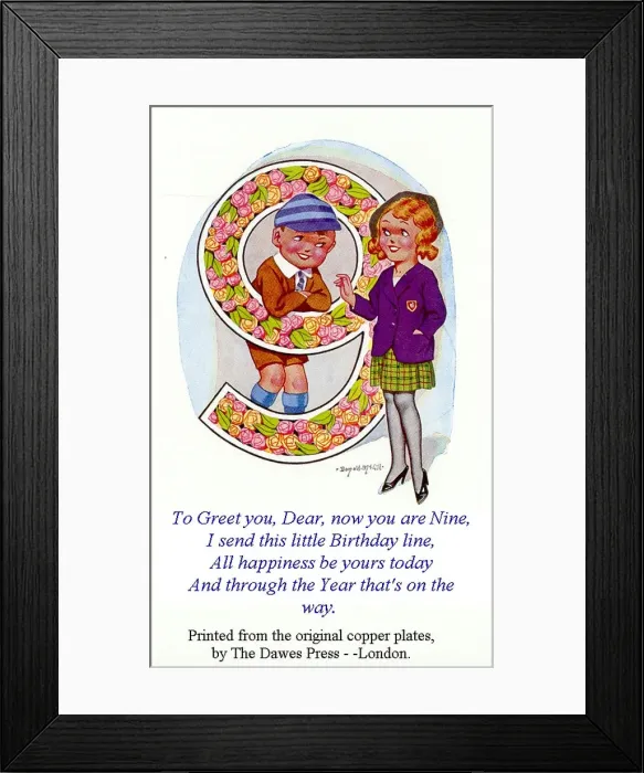 Framed Print : Birthday postcard, Little girl and boy, 9th birthday Date: 20th century Framed Print : Birthday postcard, Little girl and boy, 9th birthday Date: 20th century