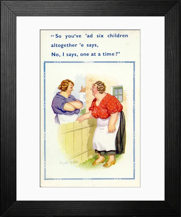 Framed Print : Comic postcard, Neighbours chat over garden fence Framed Print : Comic postcard, Neighbours chat over garden fence