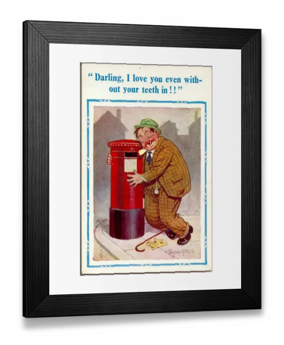 Framed Print : Comic postcard, Drunken man with pillar box Date: 20th century Framed Print : Comic postcard, Drunken man with pillar box Date: 20th century