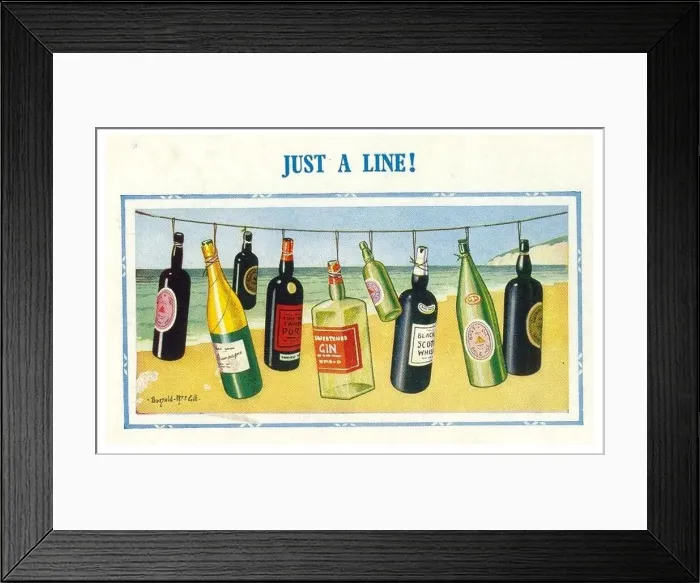 Framed Print : Comic postcard, Line of bottles on the beach - Just a Line! Date: 20th century Framed Print : Comic postcard, Line of bottles on the beach - Just a Line! Date: 20th century