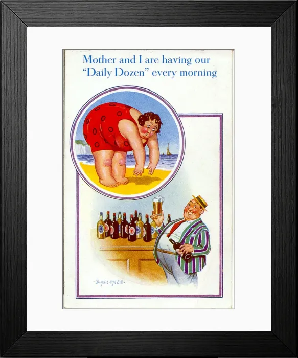 Framed Print : Comic postcard, Plump couple, Daily Dozen on holiday Date: 20th century Framed Print : Comic postcard, Plump couple, Daily Dozen on holiday Date: 20th century