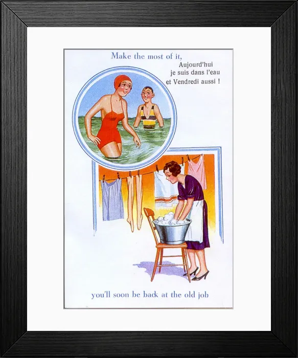 Framed Print : Comic postcard, Woman on holiday, then home again - Make the most of it Framed Print : Comic postcard, Woman on holiday, then home again - Make the most of it