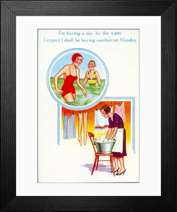Framed Print : Comic postcard, Woman on holiday, in the sea, then home again Framed Print : Comic postcard, Woman on holiday, in the sea, then home again