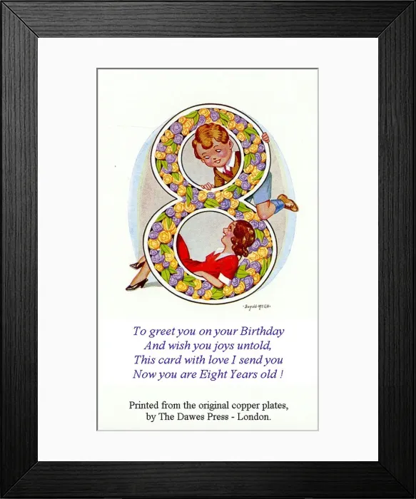 Framed Print : Birthday postcard, Little girl and boy, 8th birthday Date: 20th century Framed Print : Birthday postcard, Little girl and boy, 8th birthday Date: 20th century