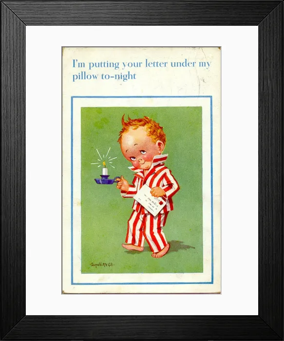 Framed Print : Comic postcard, Little boy going to bed with candle and letter Date: 20th century Framed Print : Comic postcard, Little boy going to bed with candle and letter Date: 20th century